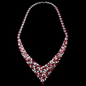 18KGOLD AND DIAMOND NECKLACE INLAID WITH UNHEATED PIGEON BLOOD RUBY/EVENING NECKLACES