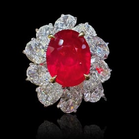 GRS 18KPLATINUM AND DIAMOND RING INLAID WITH UNHEATED PIGEON BLOOD RED RUBY