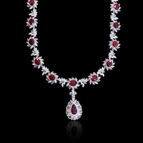 CGRL 18KGOLD DIAMOND INLAID NATURAL RUBY NECKLACE/EVENING NECKLACES