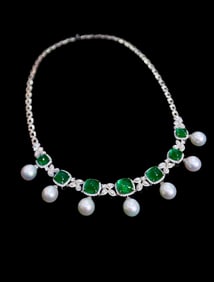 CGRL 18KGOLD DIAMOND INLAID NATURAL PEARL EMERALD GEMSTONE NECKLACE/EVENING NECKLACES