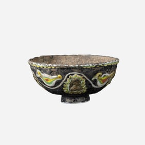 Roman Glazed Ceramic Cup Decorated Embossed Figures & Foliage Motif [11.8 x 5.5cm, 164gram]