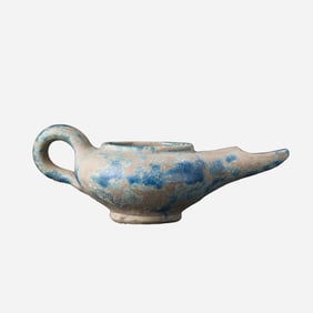 Antique Medieval Period Blue & White Glazed Pottery Oil Lamp [21.3 x 8cm, 332gram]