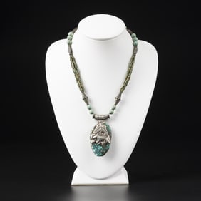 Tibetan Turquoise Beautifully Decorated Crafted With Silver Animal & Flower Motif Pendant Necklace