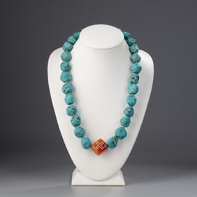 Tibetan Chunky Turquoise Beads Necklace with Etched Carnelian Agate Center Bead