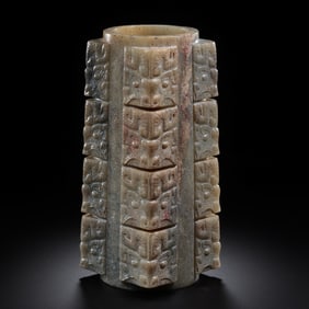 A jade cong with four layers of animal-face patterns, dating back to the Han Dynasty in China,