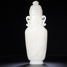 18th-century Chinese Qing Dynasty Hetian white jade vase with relief carving of figures and stories