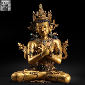 A Tibetan gilt bronze seated Tara statue inlaid with turquoise, dating from the 15th to 16th
