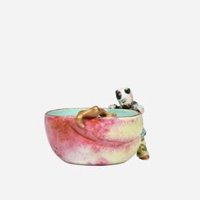18th-century Chinese Qing Dynasty biomorphic porcelain brush washer featuring a child and bat motif