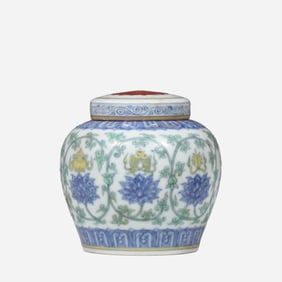 A 15th-century Chinese Ming Dynasty doucai jar with the character "?" (tian, meaning sky/heaven).