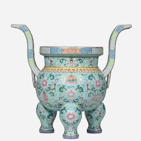An 18th-century Chinese Qing Dynasty green-ground famille rose censer with lotus scroll design and