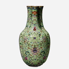 An 18th-century Chinese Qing Dynasty green-ground polychrome three-section mallet-shaped vase with