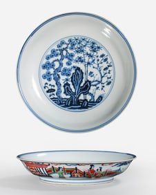 A 15th-century Chinese Ming Dynasty blue-and-white doucai (enamel overglaze) plate with a figure and