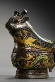 Bronze Gong (wine vessel) inlaid with gold and silver dragon and phoenix patterns and gemstones,