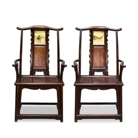 A pair of Chinese Qing Dynasty rosewood official hat chairs inlaid with marble, dating from the 18th