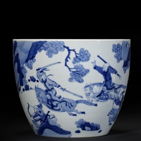 18th-19th century, blue and white porcelain jar with figure and story design from the Qing Dynasty,