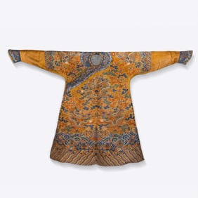 18th century, Qing Dynasty, China, yellow-ground dragon robe with auspicious design