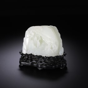 18th century, Qing Dynasty, China, Hetian white jade mountain with a rosewood base, depicting