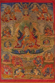 An 18th-century Chinese Qing Dynasty silk tapestry of Padmasambhava with the six-character
