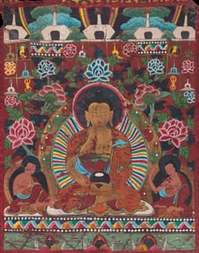 A complete painted Amitabha Buddha thangka made of 16th-17th century yak hide from Tibet.