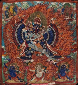 A complete painted Vajrabhairava thangka made of 16th-17th century yak hide from Tibet.