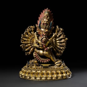 A 15th-century gilt bronze standing statue of Vajrabhairava from the Ming Dynasty in China, bearing