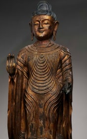 A Large Gilt-Lacquered Bronze Standing Buddha, Ming Dynasty China, 15th–17th Century CE