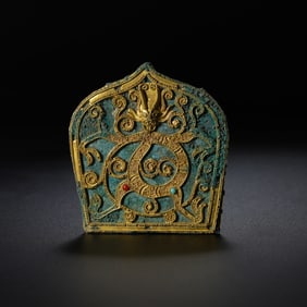 Bronze hat ornament with gold plating and gemstone inlay from the Han Dynasty (1st-3rd centuries AD)