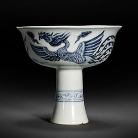 Blue and white phoenix-patterned stem cup from the Yuan Dynasty (13th-14th centuries AD)