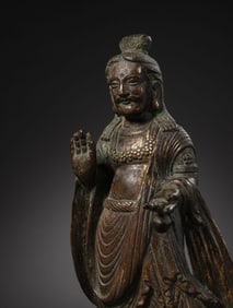 Gilt bronze standing Buddha statue from India, 13th-14th century AD