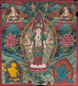 A complete painted yak hide Thangka of an eight-armed Avalokiteshvara from the 16th-17th centuries