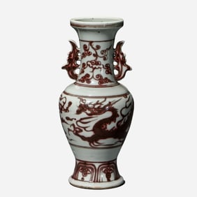 Blue and white underglaze red dragon-patterned double-eared vase, Yuan Dynasty, 13th-14th century AD