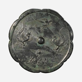 A Bronze Lobed Mirror with Flying Phoenix and Floral Design, Tang Dynasty China, 8th–9th Century