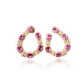 pair of CGRL 18K gold and diamond-set natural padparadscha earrings