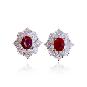 A pair of CGRL 18K gold and diamond earrings set with natural Burmese rubies