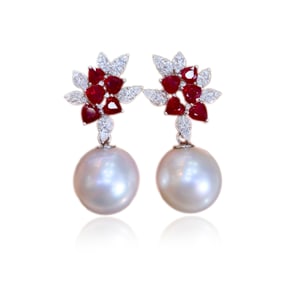 A pair of CGRL 18K gold and diamond earrings set with natural Burmese rubies and pearls.