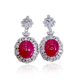 A pair of CGRL 18K gold and diamond earrings set with natural Burmese rubies and pearls.