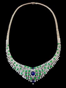 CGRL 18K Gold Diamond Evening Necklace Set with Natural Emeralds and Sapphires