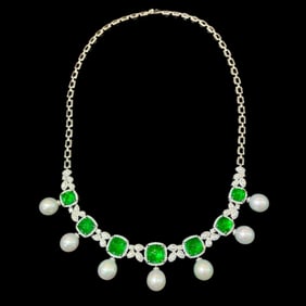 GRC 18K gold diamond-set natural emerald pearl evening necklace