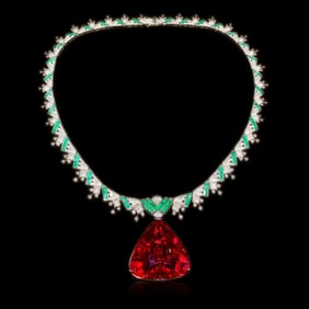 AIGS 81.75-carat gemstone set in 18K platinum and diamonds with natural emeralds and tourmalines: