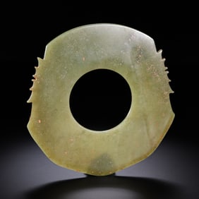 A RARE AND IMPORTANT CELADON-YELLOW JADE CEREMONIAL AXE,YUELATE NEOLITHIC PERIOD TO EARLY WESTERN