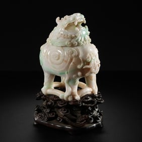 MAGNIFICENT AND RARE JADEITE 'WANGTIANHOU' INCENSE BURNER AND COVERQIANLONG PERIOD (1736-1795)ON A