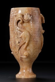 AN IMPORTANT AND MAGNIFICENT WHITE JADE CUP WITH THREE HIGH-RELIEF 'CHILONG' DRAGONSHAN DYNASTY (202