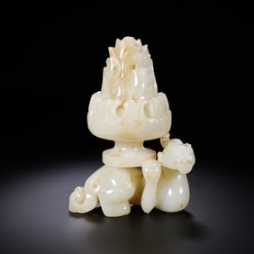 A RARE AND MAGNIFICENT WHITE JADE 'BIXIE' SUPPORT AND 'BOSHAN' CENSERHAN DYNASTY (202 BC – 220 AD)