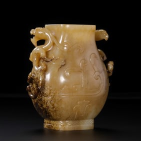 A RARE AND MAGNIFICENT WHITE JADE FLATTENED FLASK WITH HIGH-RELIEF 'CHILONG' AND PHOENIXHAN DYNASTY