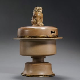 A RARE AND MAGNIFICENT METAL-BOUND 'MIHUANG' GLAZED 'LION' CENSER AND COVERPOSSIBLY NORTHERN SONG TO