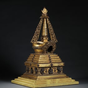 A RARE AND MAGNIFICENT LARGE GILT-BRONZE RITUAL STUPAMING DYNASTY, 15TH - 16TH CENTURY