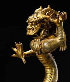 AN EXTREMELY RARE AND MAGNIFICENT GILT-BRONZE FIGURE OF A STANDING DRAGONMING DYNASTY, YONGLE PERIOD