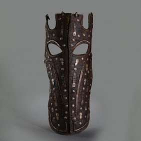 A RARE AND MAGNIFICENT LEATHER HORSE CHAMFRON WITH SILVER-INLAID FITTINGSMING DYNASTY OR LATER (14TH