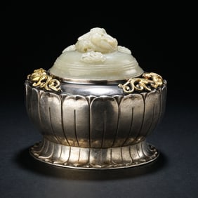 A RARE AND MAGNIFICENT IMPERIAL PART-GILT SILVER AND WHITE JADE-INLAID COVERED BOWLQIANLONG