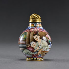 A RARE AND EXQUISITE IMPERIAL GILT-COPPER AND ENAMEL 'FIGURE' SNUFF BOTTLEMARK AND PERIOD OF